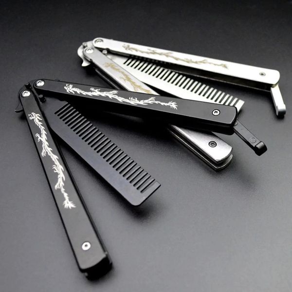 Peigne pliable en acier inoxydable, entraînement à la pratique, couteau papillon, peigne, brosses à barbe et moustache, outil de coiffure 240301