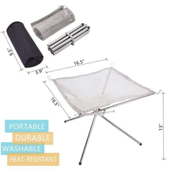 Support de feu pliable pour foyer de Camping en plein air, maille Portable en acier inoxydable, facile à assembler avec un gant