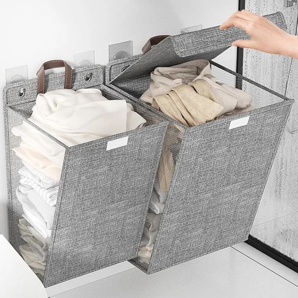 Panier à linge sale domestique pliable, bac de rangement mural pour vêtements en lin avec couvercle, boîte de rangement de salle de bain de grande capacité 240119