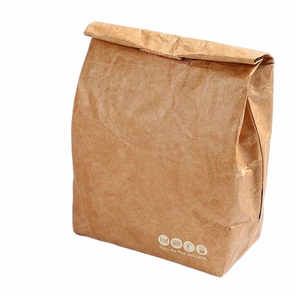 Pliable réutilisable papier étanche déjeuner sac alimentaire Ctainer portable grande capacité enfants garçon femmes refroidisseur thermique isolé Kraft C55q #