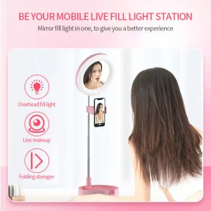 Opvouwbare selfie -stick met lichtlampstatief met spiegel- en opslag LED -telefoonhouder voor make -up live stream