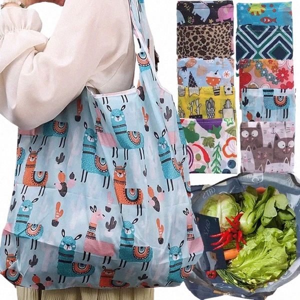 Bolsa de tienda plegable, bolsa de viaje reutilizable para comestibles, ecológica, con estampado de plantas y animales, bolsa de tienda de supermercado portátil X49W #