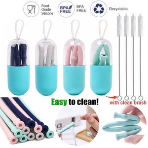 Pajitas reutilizables de paja de silicona plegables sin BPA con estuche de cápsula Pajitas para beber con cepillo de limpieza Protable para viajes Senderismo HHA809