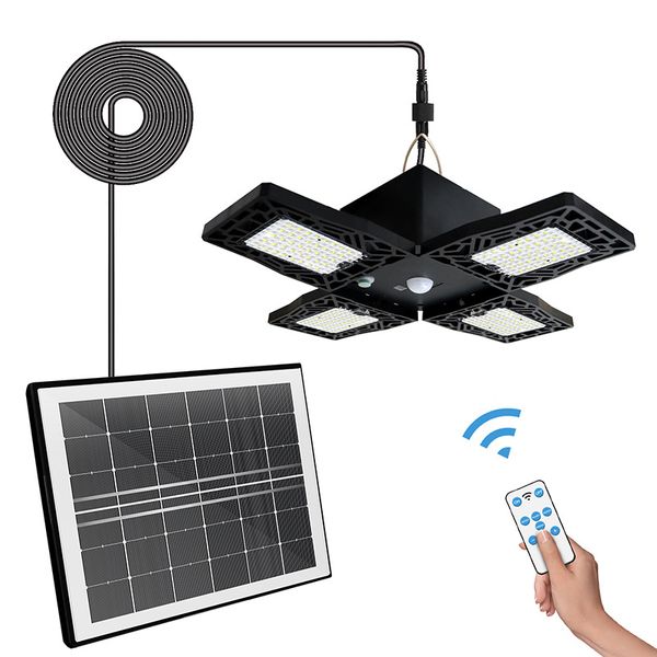 Luz solar plegable para cobertizo interior y exterior, 1050 lm, 140 LED, luz colgante solar con sensor de movimiento y control remoto, 3 modos de iluminación para el hogar, patio, granero, cenador, patio, garaje, IP65