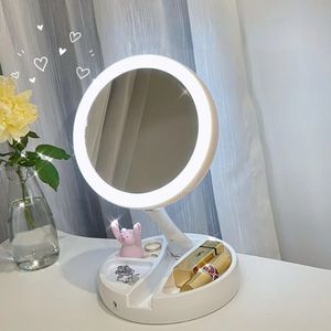 Espejo Led plegable con carga USB o batería, espejo cosmético de tocador blanco para maquillaje con luz, espejos de mesa con aumento de 10X