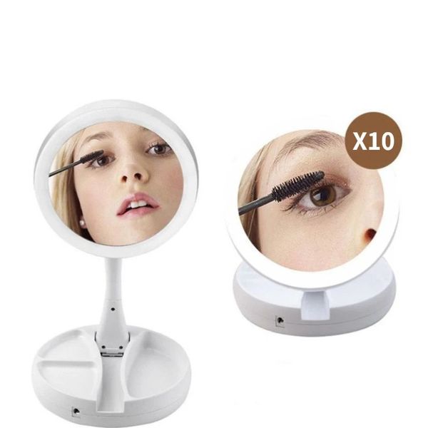 Miroir de maquillage pliable avec chargeur USB ou batterie Led, miroir cosmétique de vanité blanc avec lumière, miroirs de Table grossissants 10X 240318