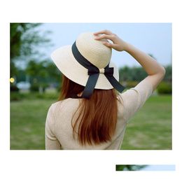 Opvouwbare Vrouwen Brede Rand Hoeden Boog Lint Emmer Hoed St Voor Dame Strand Zonnehoed Zomer Tropenhelm Zon Cap Drop levering Dhxul