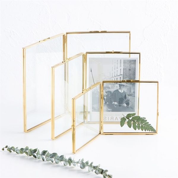 Cadre photo en métal en verre double face plié, porte-échantillon botanique, présentoir recouvert d'or galvanisé 201211