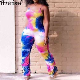 Gevouwen beenbroek Tie Dye Print Mouwloze Casual Elegante Zomer Bodycon Jumpsuit Clubwear Mode Ruched Jarretel Bodysuit 210513