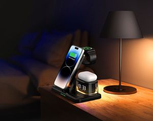 Opvouwbare 5-in-1 klok-nachtlampje draadloze oplader geschikt voor Apple-telefoons, horloges, hoofdtelefoons, multifunctioneel oplaaddock
