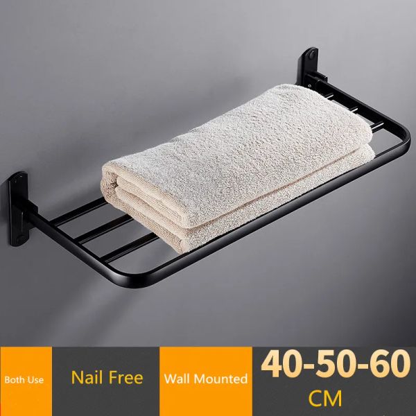 Rack de serviette de salle de bain pliante Noir / blanc en aluminium Mémoire de bain mobile Porte-serviette 40/50/60 cm étagères de bain ongles sans serviette à ongles