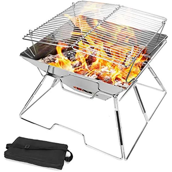 Gril de Camping pliant avec grille en acier inoxydable 304, poêle à bois de feu de camp Portable pour pique-nique en plein air, randonnée 240327