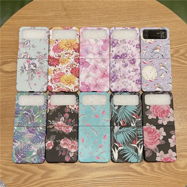 Estuche para teléfono Vogue híbrido con estampado de flores plegable para Samsung Galaxy Z Flip3 Flip4 5G Sturdy Slim Full Protective Soft Bumper Antideslizante Graffiti Silicona Shell a prueba de golpes