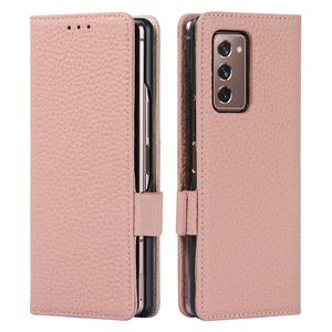 Étuis de téléphone pliables en cuir de grain de litchi véritable pour Samsung Galaxy Z Fold3 Fold2 5G plusieurs emplacements pour cartes portefeuille embrayage béquille coque de protection