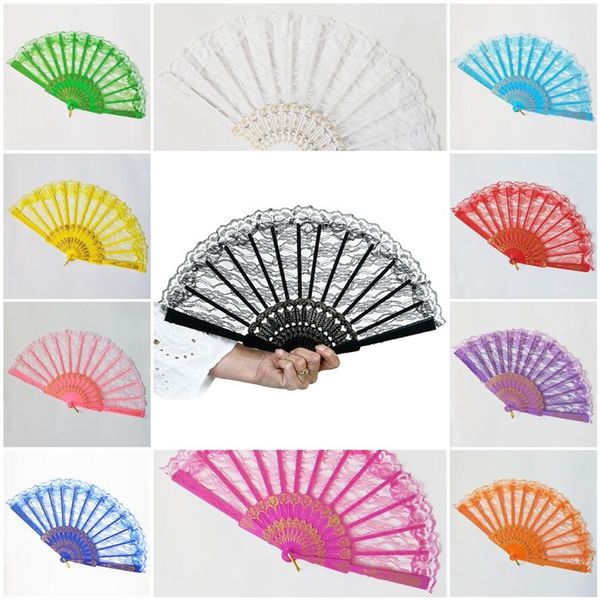 Abanico de mano plegable Abanico de encaje de un solo lado Favor de fiesta 11 colores Abanicos de baile de estilo chino / español de verano