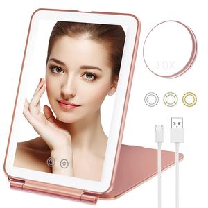 Miroir à LED pliant miroir de maquillage à écran tactile 3 couleurs modes lumineux miroirs cosmétiques miroir de maquillage pliable rechargeable USB