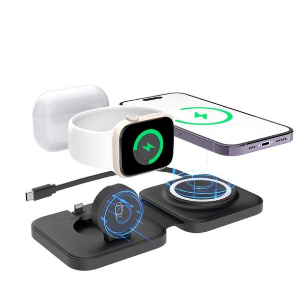 Cargador inalámbrico plegable magnético tres en uno con cable adecuado para auriculares de teléfono móvil Apple Watch al por mayor