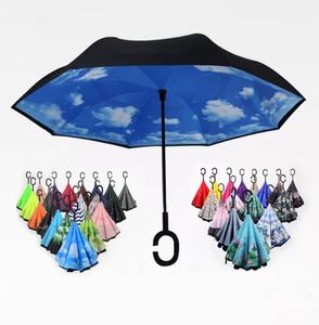 Parapluie inversé pliant 52 styles Double couche inversé longues poignées coupe-vent pluie voiture parapluies C poignée UmbrellasT2I384