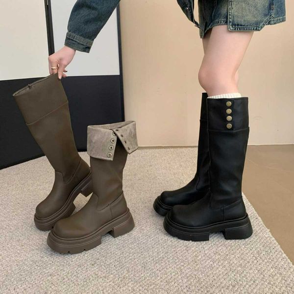 Pliage deux vêtements boucle de ceinture belle fille épicée semelle épaisse tête ronde bottes de chevalier 2023 automne fermeture éclair avant bottes personnalisées 231028