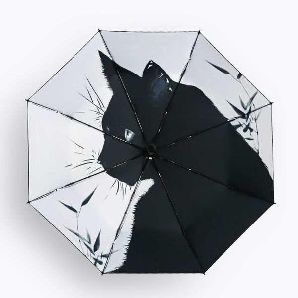 Paraguas plegable Revestimiento negro Gato Sol Paraguas Lluvia Mujeres Princesa Parasol Anti-UV raguas Niñas Guarda Chuva