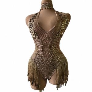 Spectacle de danse folklorique Rhinestes Justaucorps Costume de danse Stage Wear Performance Discothèque Outfit Sexy Col V Profond Paillettes Body h4aW #