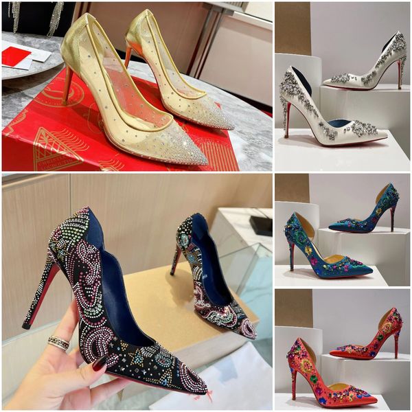 Follies Strass 85 Escarpins Sandales en cuir Nappa Mode Kate Lriza Femmes Designer Chaussures de luxe Diamant d'eau Transparent broderie cristal Talons hauts à semelle rouge