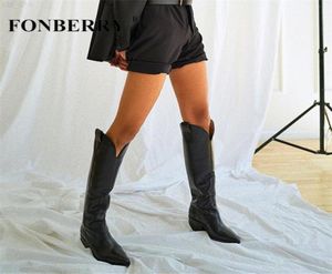 Fonberry Mat Leather Knie High Western Cowboy Boots Women 2022 Autumn Trendy Pointed Teen Booties Black Slip On Ladies Shoest22075839123