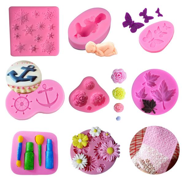 Serie de moldes para fondant, copo de nieve de Navidad, bebé, mariposa, barco, ancla, hoja de arce rosa, lápiz labial, Margarita, molde de encaje, molde para hornear Diy