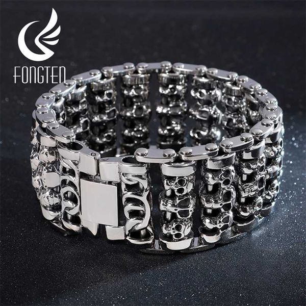 Fongten Venta al por mayor Pulseras de acero inoxidable de cráneo ancho Hombres Metal Biker Viking Charm Large Argent Pulsera Brazalete Joyería 211124