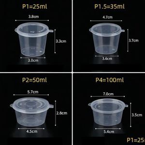 Voedseldispensers 2000 stuks voedseldispensers P1 25 ml 1 oz lekvrije plastic connt soufflecontainer met deksels portiebeker voor sauzen monster Dhfra