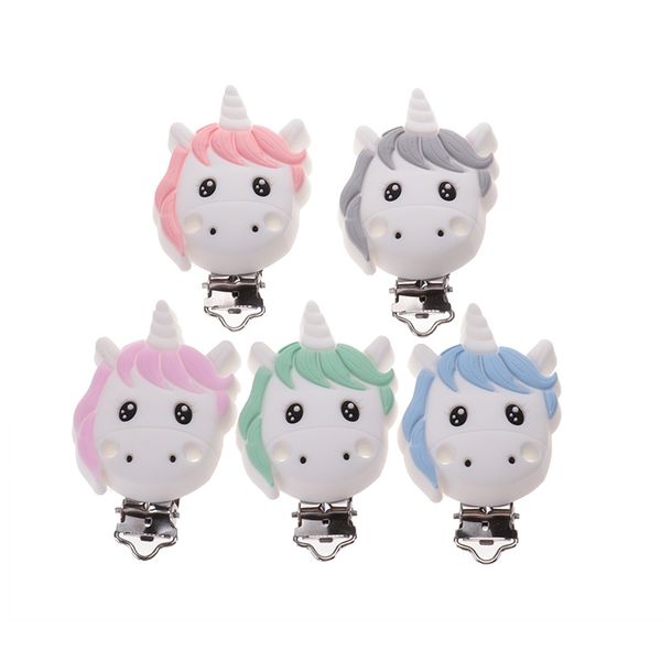 Grado alimenticio 10pc Unicornio Clips de silicona Bebé Dentición Mordedor Collar Accesorios Infantil Chupete Titular Cadena Pezón Broches DIY 210226