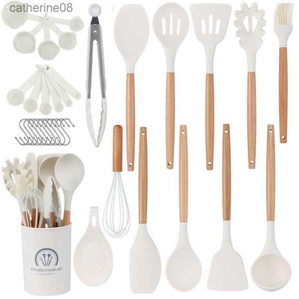 Utensilios de cocina de silicona blanca de grado alimenticio, 34 Uds., espátula giratoria, cuchara para sopa, mango de madera, herramienta de cocina, juego de utensilios de cocina L230621