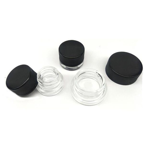 Grado alimenticio No palo Botella vacía 5ml Tarro de cristal transparente con niños resistente al tapa negra Concentrado de cera Contenedor de aceite grueso