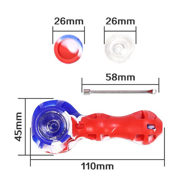 Pipe à main en silicone de qualité alimentaire Pipes à fumer 110 mmLongueur avec couvercle Bol en verre Cuillère en métal Dab Rigs Outil VS Bong