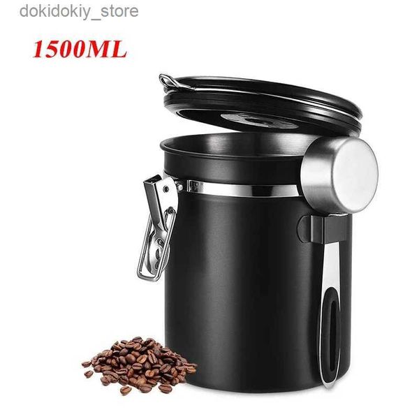 Bocaux alimentaires Bidons Réservoir hermétique de grain de café de 1500 ml avec cuillère à Valve unique tasse cuillère à thé réservoir d'échappement en acier inoxydable Storae alimentaire CanL24326