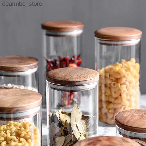 Pottes de nourriture Canisters aliments Storae Lass Bottle Clear Cuisine Conteneurs Prise de cuisine Storae Jar Acacia Manium scellé Jar Spice Creal Conteneur L49