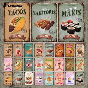 Food Metal Sign Mexican Tacos Metal Sticker Yakitoris Makis and T-Bone Food Vintage Tin Sign Donut Ice Cream Dessert Stickers Muraux Shop Home Store Decor 30X20CM w01