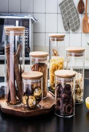 Voedselafstand Clear Glass Food Storage potten met luchtdichte bamboe houten deksel voor bloem suiker snoepkoekjes5483464