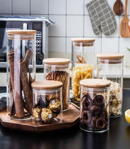 Bocaux de stockage de nourriture en verre transparent, avec couvercle hermétique en bois de bambou, pour farine, sucre, bonbons, Cookie5159436