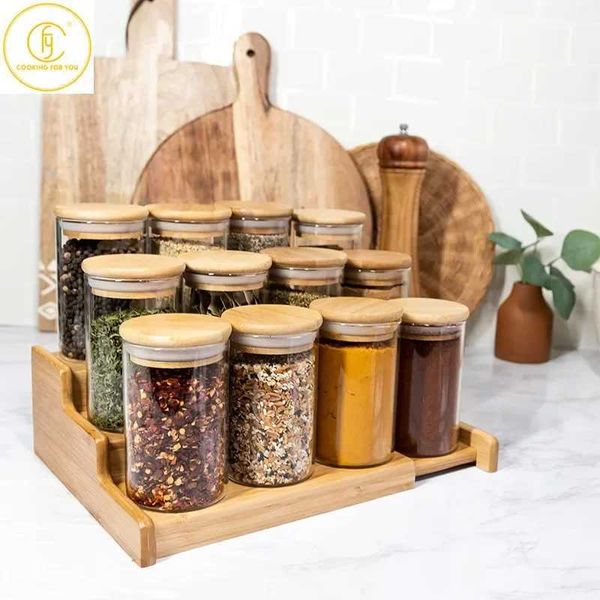 CONTINEURS DE Rangement Savers de nourriture 6 pièces Récipient de rangement en verre de 4 onces avec couvercle de bambou Salt Shaker Pepper Herbal Spice Tools H240425