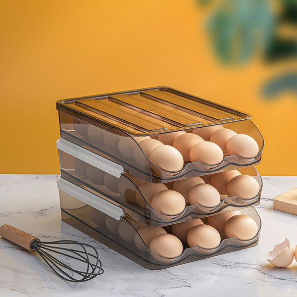 Contenedores de almacenamiento para ahorradores de alimentos Caja de huevos rodante automática Soporte de estante de múltiples capas para nevera Cesta de almacenamiento Contenedores de almacenamiento Organizadores de cocina 230607