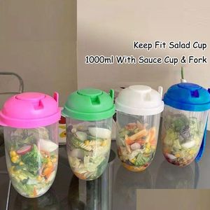 Food Savers Storage Containers Plastic Saladbekers met deksels voor de lunch Carry To Go Flessenhaped Salads Container Fork Sauce Cup Dro DHWFE