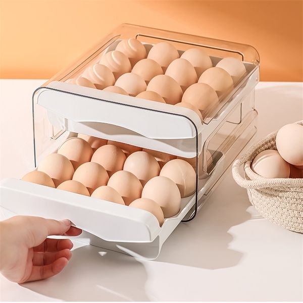 Conteneurs de stockage d'économiseurs de nourriture Réfrigérateur Organisateur de stockage d'œufs Porte-œufs pour réfrigérateur Type de tiroir à 2 couches Bacs de stockage empilables Porte-œufs en plastique transparent 230517
