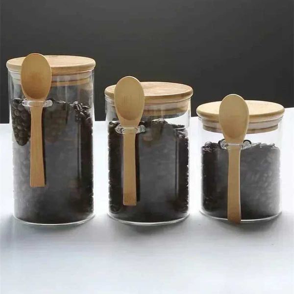 Recipientes de almacenamiento de ahorradores de alimentos Recipiente de vidrio transparente con tapa de bambú y cuchara de madera utilizada para botellas de almacenamiento de cocina de hojas de pino de azúcar morena H240425
