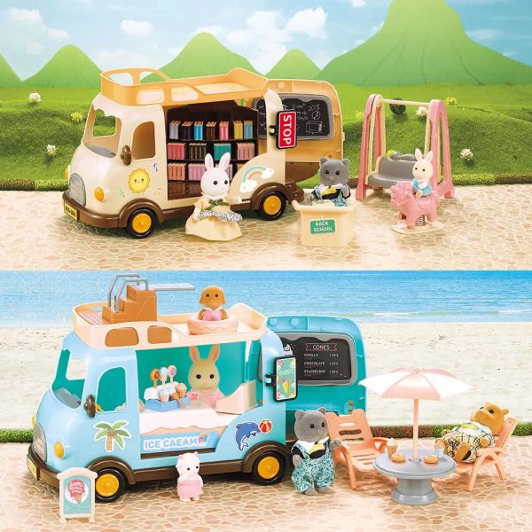 Libro de autobús escolar de alimentos estante 112 Dollhouse Forest Family Ice Cream Vehicle Vehicle Muebles en miniatura para Girl Play House Regalo 24