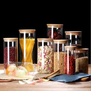 Conteneur de céréales de stockage des aliments boîtes hermétiques avec couvercles en bois de bambou bocaux en verre transparent organisateur de garde-manger de cuisine