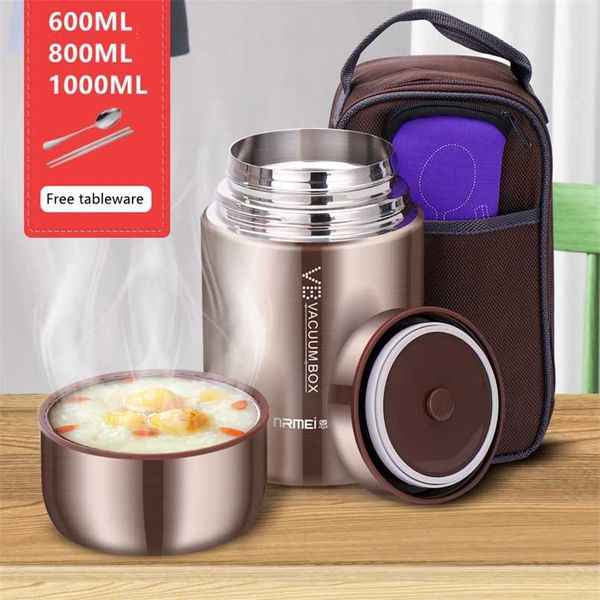 Nourriture Thermique Pot Soupe Gruel 316 En Acier Inoxydable Vide Boîte À Lunch Bureau Isolé Thermos Conteneurs Cuillère Sac 600/800/1000 ML 211108