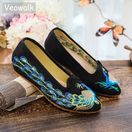 Eten VeoWalk Handmade ademende balletflats puntige teen erwt borduur flats vrouwen casual slip op elegante wandeling canvas schoenen