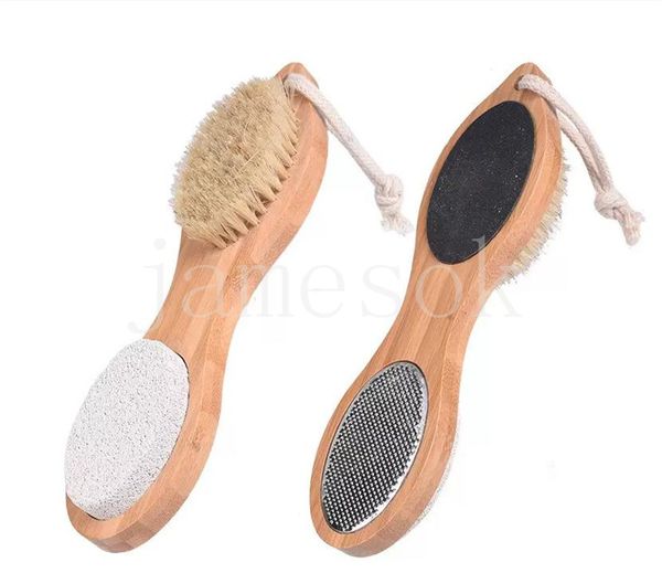 Brosse à pied pierre ponce râpe fichier exfoliant manche en bambou outil de pédicure 4 en 1 inventaire de gommage multifonctionnel en gros DE958