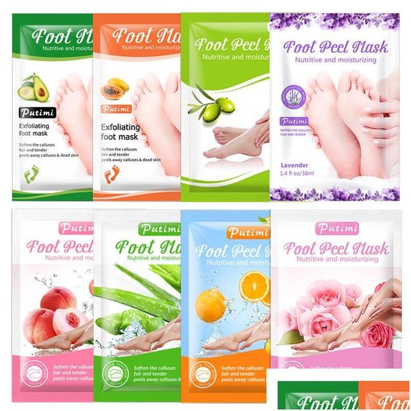 Tratamiento de pies Putimi Lavanda Aloe Exfoliante Pies Mascarilla Peeling Quitar la piel muerta Callo Pedicura Calcetines Tacones Crema Gota Entrega H Dh4Vc